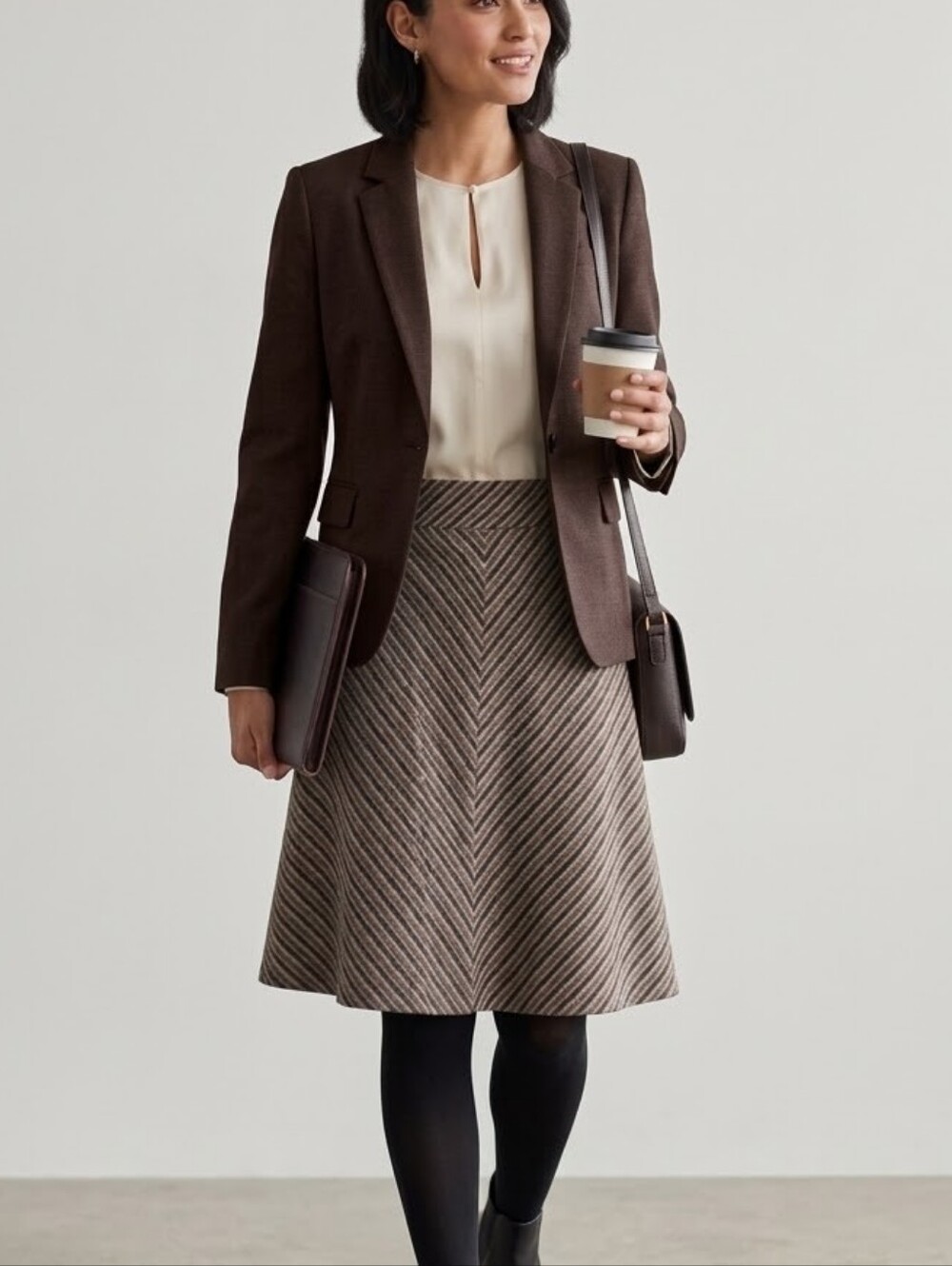 LOFT A-Line Chevron Knit Skirt - Brown, Gray & Tan